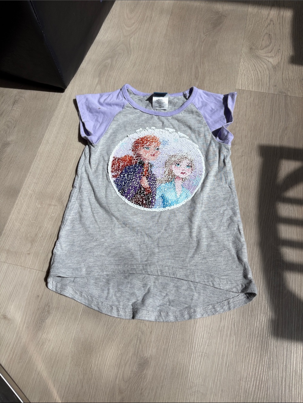 Disney Grey Tee with Lavender Cap Sleeves and Reversible Sequin Frozen Graphic